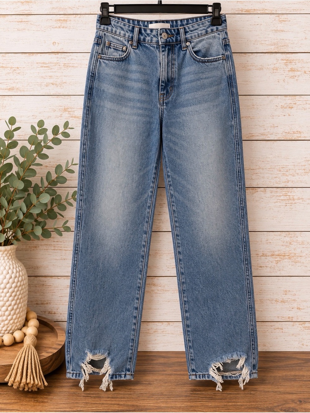 High-Rise Straight Leg Distressed Blue Women's Jeans